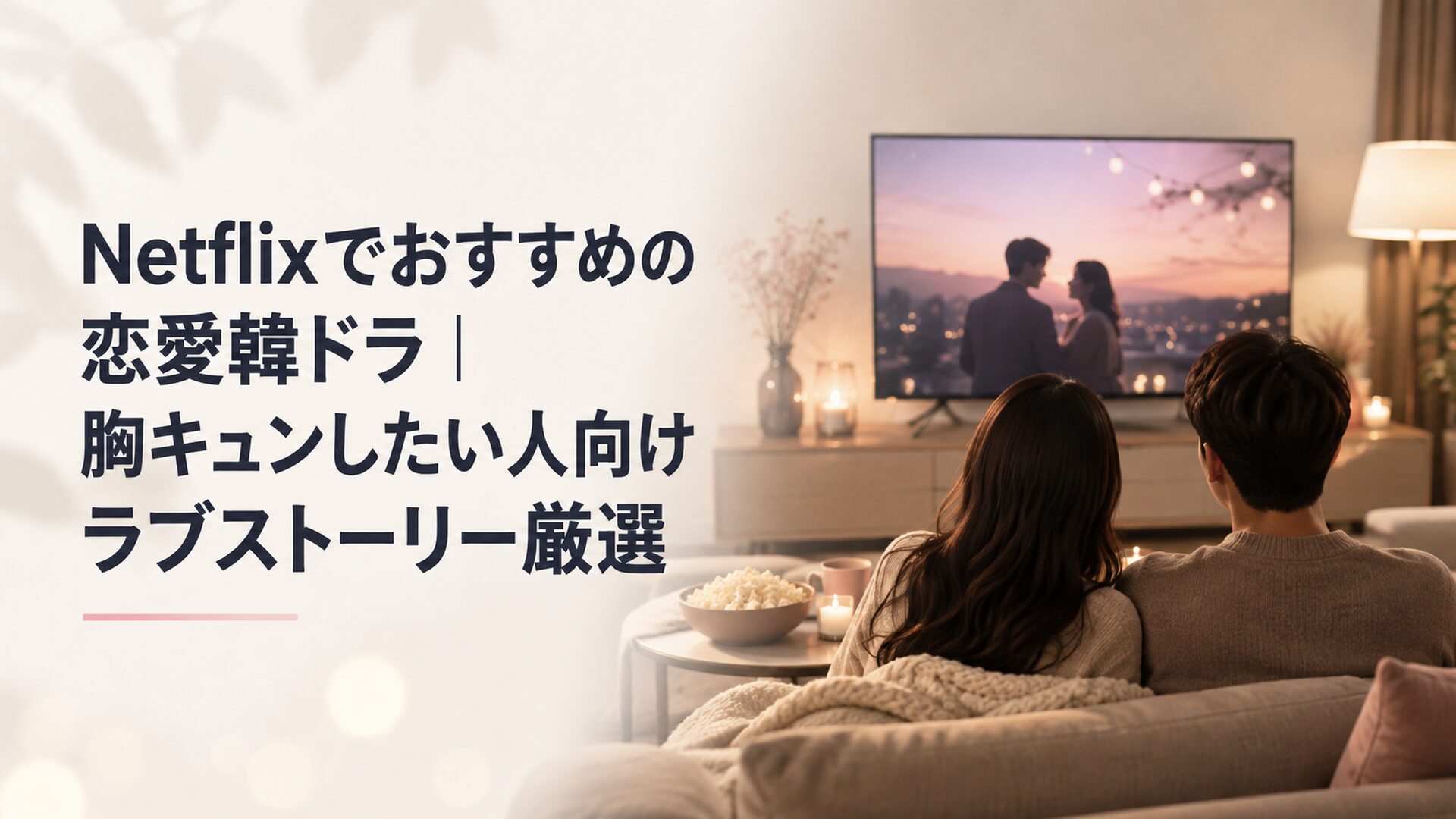 夜のリビングでNetflixの恋愛韓ドラを楽しむ温かくロマンチックな雰囲気