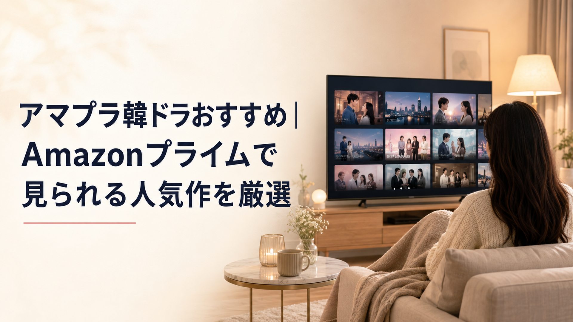 自宅のリビングでテレビに並ぶ韓国ドラマ一覧を眺めながら次に観る一本を選ぶ大人の女性