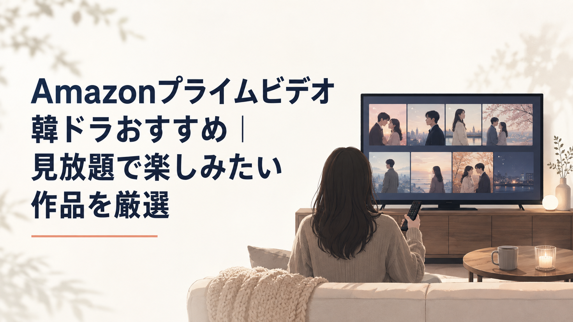 夜のリビングでAmazonプライムビデオの韓国ドラマを見比べながら今夜観る一本を選ぶ穏やかな時間