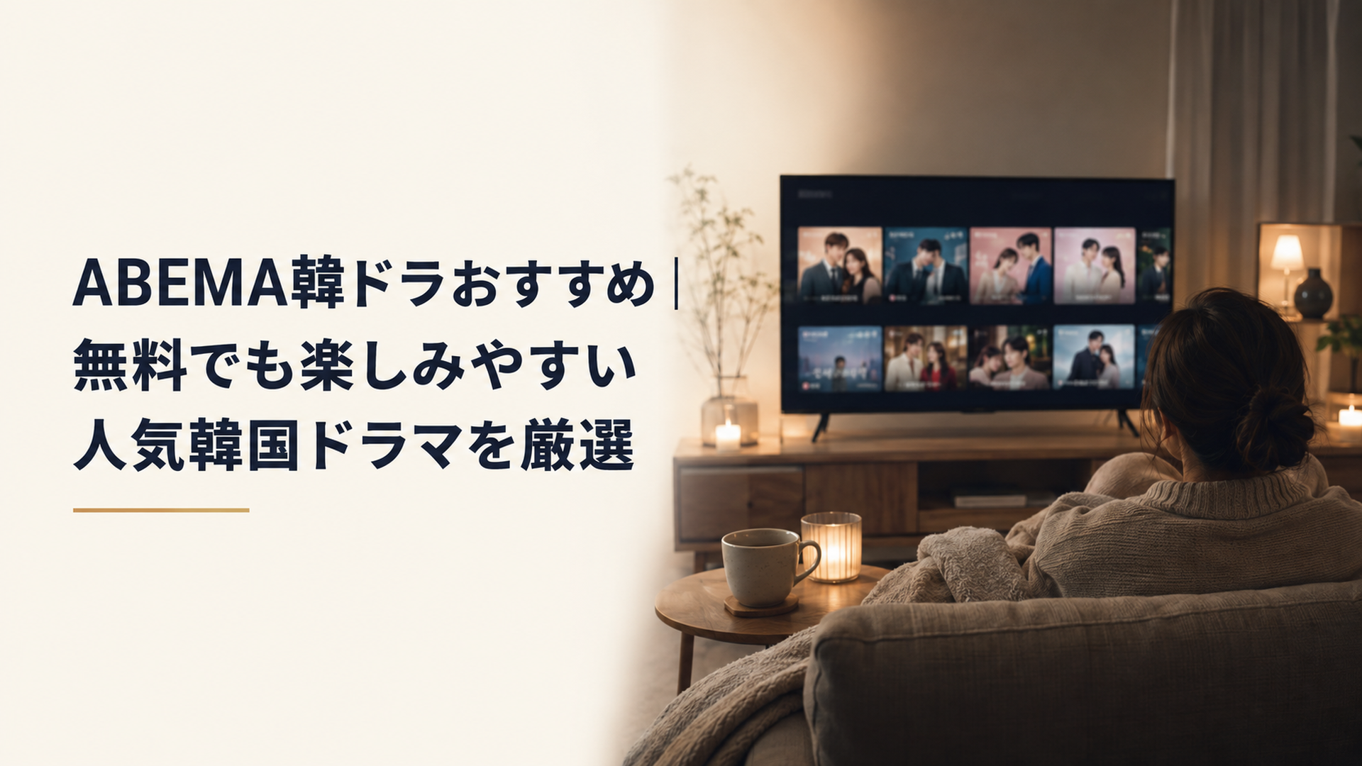 夜のリビングでABEMAの韓国ドラマを選ぶテレビ画面と温かい飲み物、ブランケットのある落ち着いた空間