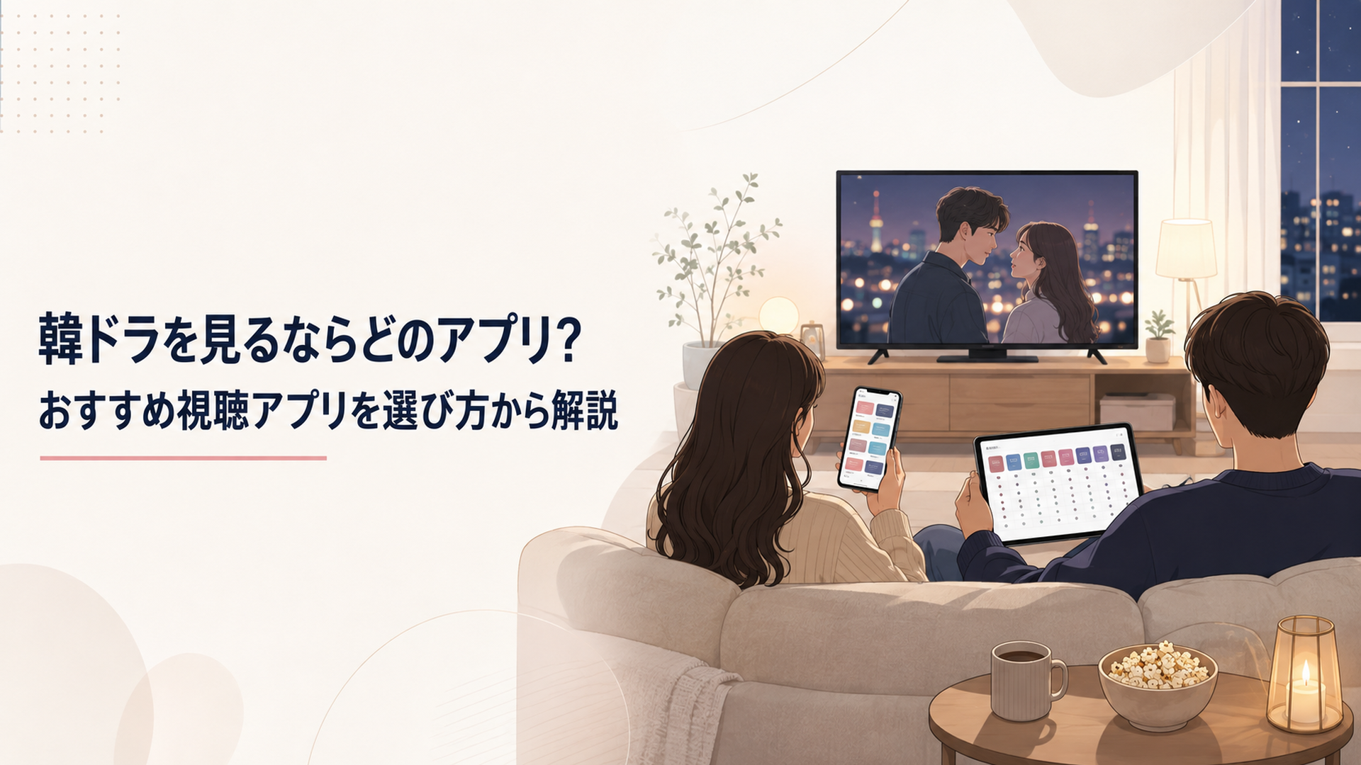 スマートフォンとテレビを見ながら韓国ドラマの動画配信サービス8社を比較している明るいリビング