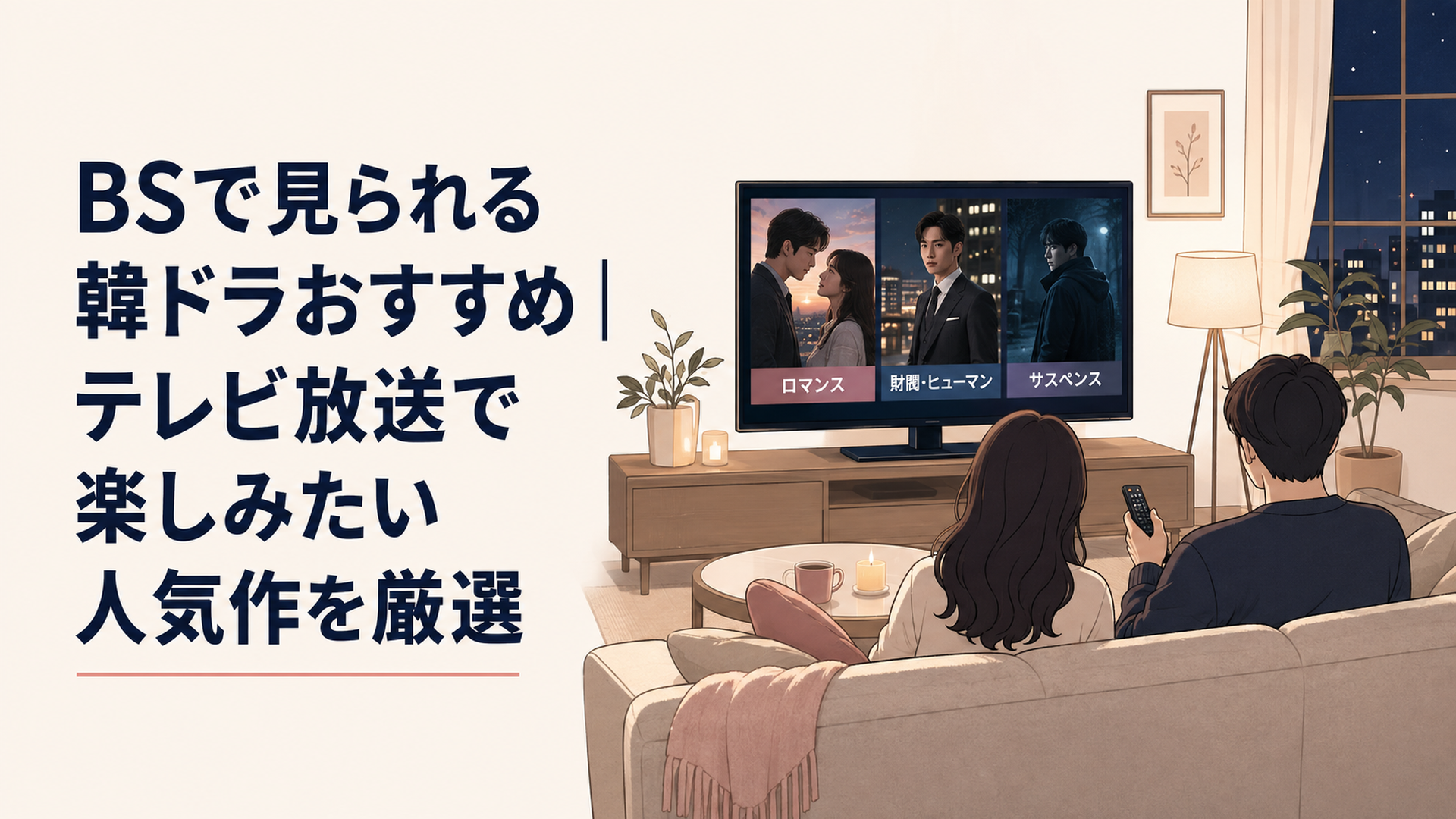 夜の明るいリビングでテレビのBS番組表を見ながら恋愛ドラマや財閥ドラマやサスペンスから韓国ドラマを選んでいる場面