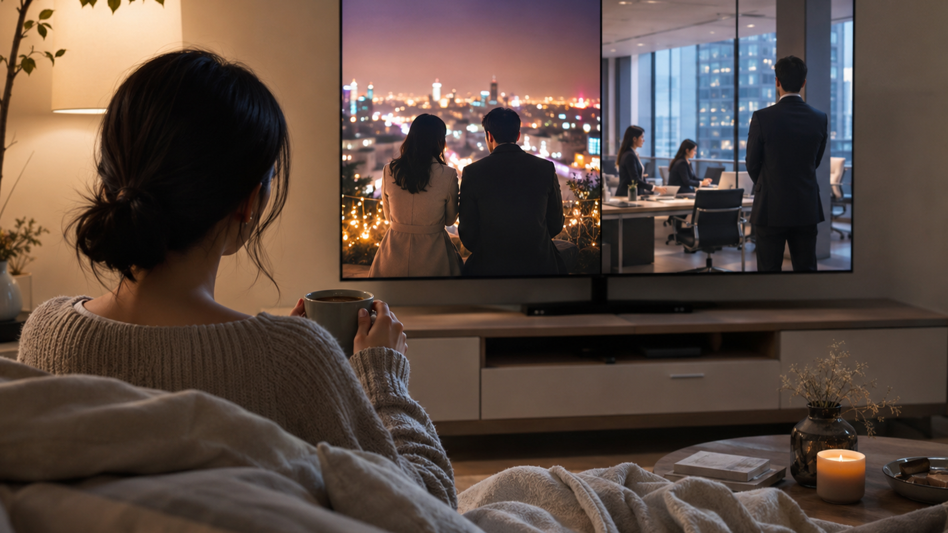 仕事終わりの女性がソファで2026年新作の再会ロマンスとオフィス韓ドラを見比べている夜