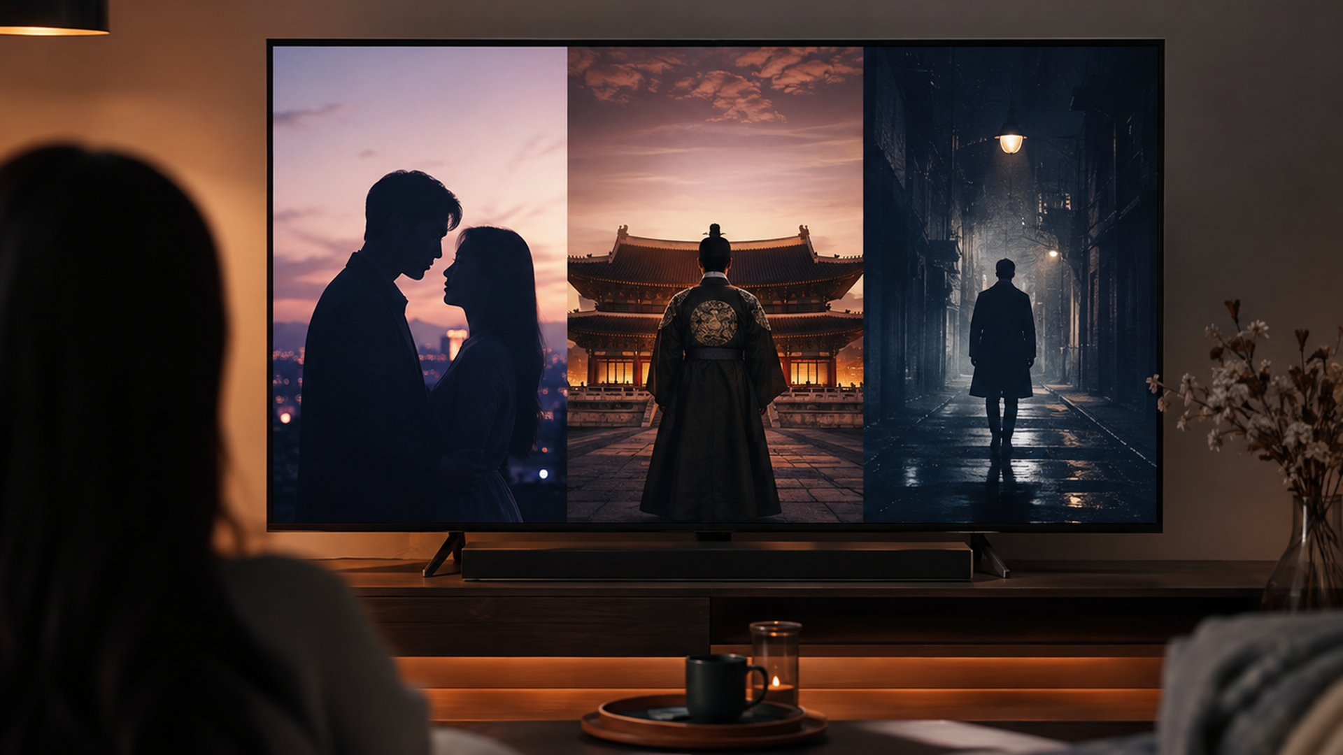 恋愛ドラマと時代劇とサスペンスを選ぶテレビ画面