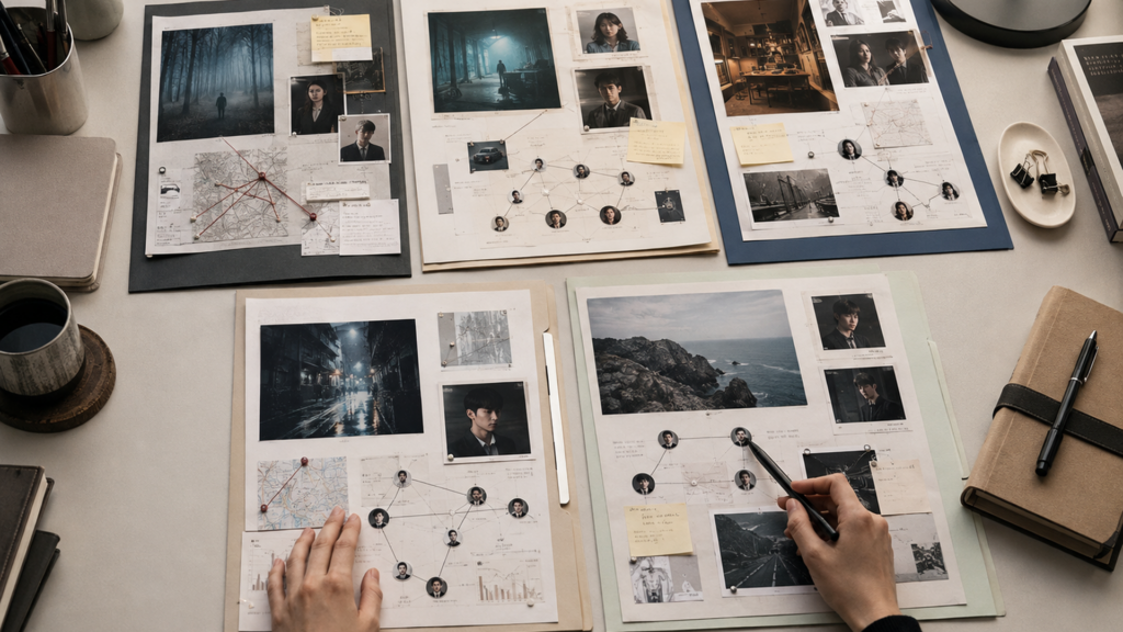 事件資料や人物相関図を広げて5作品を比較するデスク