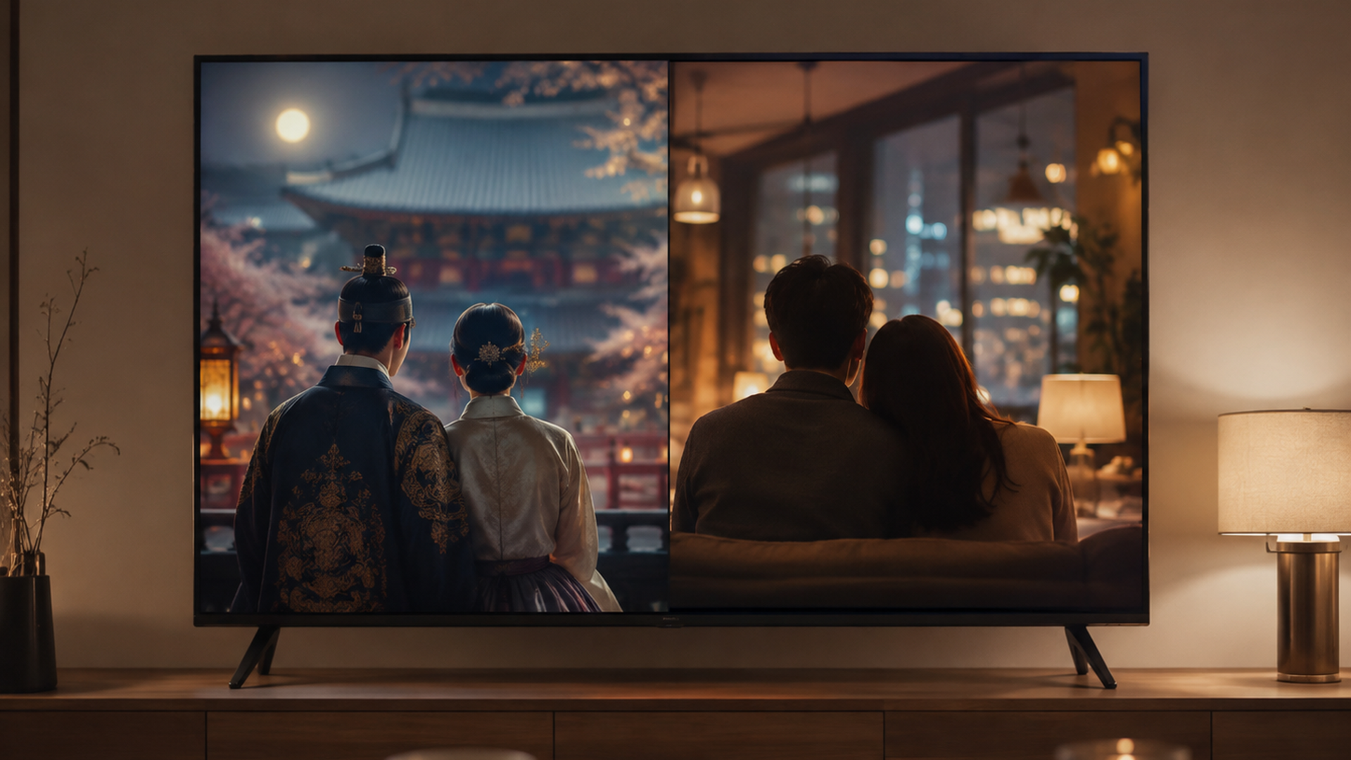 王室ロマンスと静かな大人の恋を選ぶテレビ画面