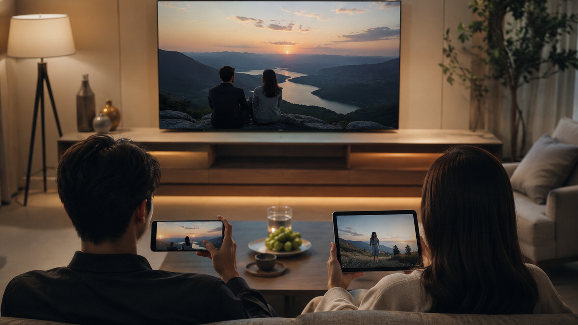 テレビとスマートフォンとタブレットで動画を楽しむリビング